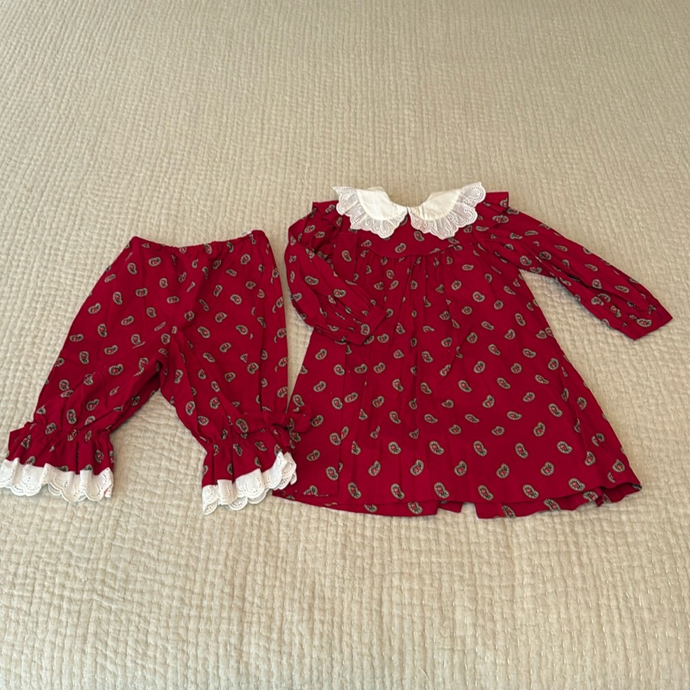 Vintage boutique girls red paisley dress with matching bloomers